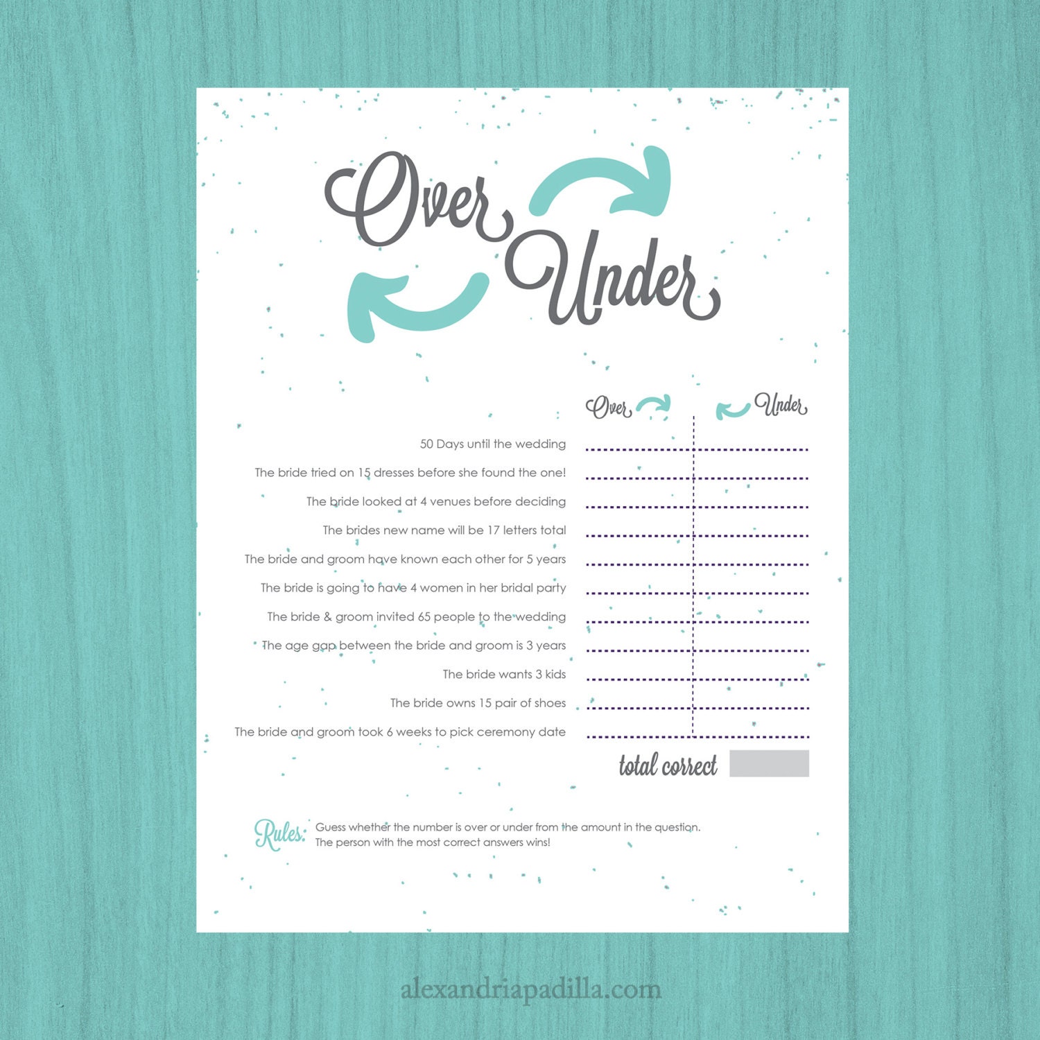 Over Under Bridal Shower Game Blue Instant Download 8 5x11