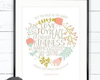 Bible Verse Printable, Fruit of The Spirit, Scripture Print, Christian wall art decor, Typography, Galatians 5:22-23, 8x10