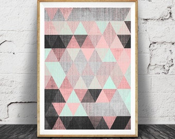 Geometric Print, Printable Wall Art, Pink Black and Mint Green Decor, Abstract, Modern Mid Century, Scandinavian Printable Download