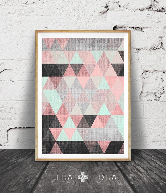 Geometric Print Printable Wall Art Pink Black and Mint Green