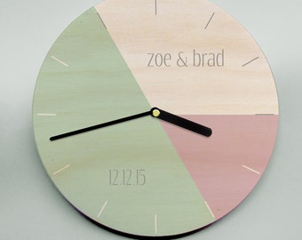 Modern wood clock - pastel pink, green and grey personalized for a couple's celebration or sophisticated