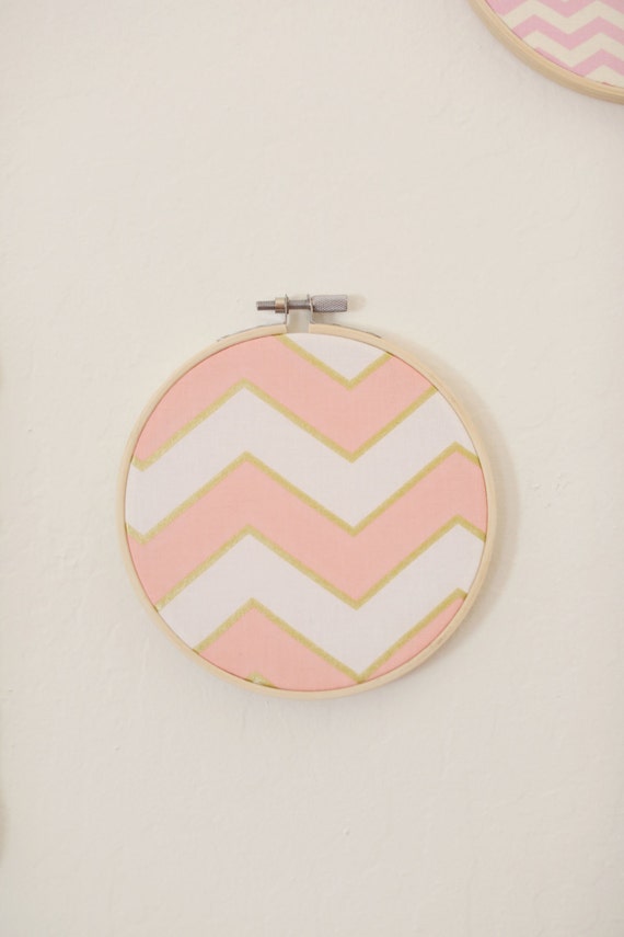 Items similar to Pink, Gold and White Chevron Fabric Wall Hoop on Etsy