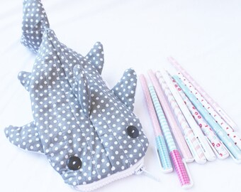 Cute Whale Shark Pencil Case, Zipper Pouch - Gray Polka Dot
