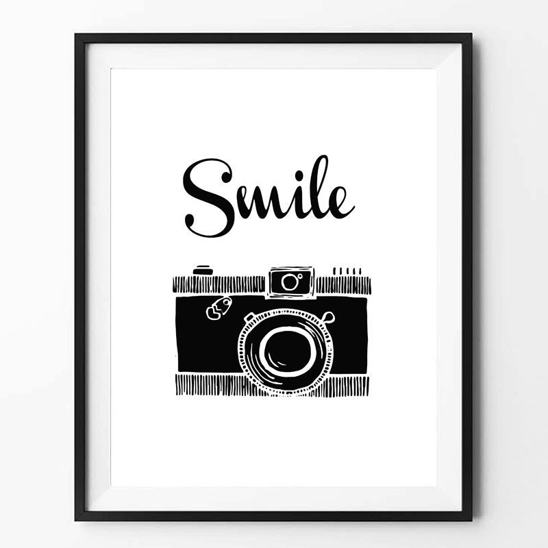 Camera and smile Print Camera Printable Art Black and white