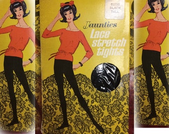 Mod Vintage 1960's, OSS Ladies "Jaunties" Beige LACE Stretch TIGHTS, New in Box, size Tall