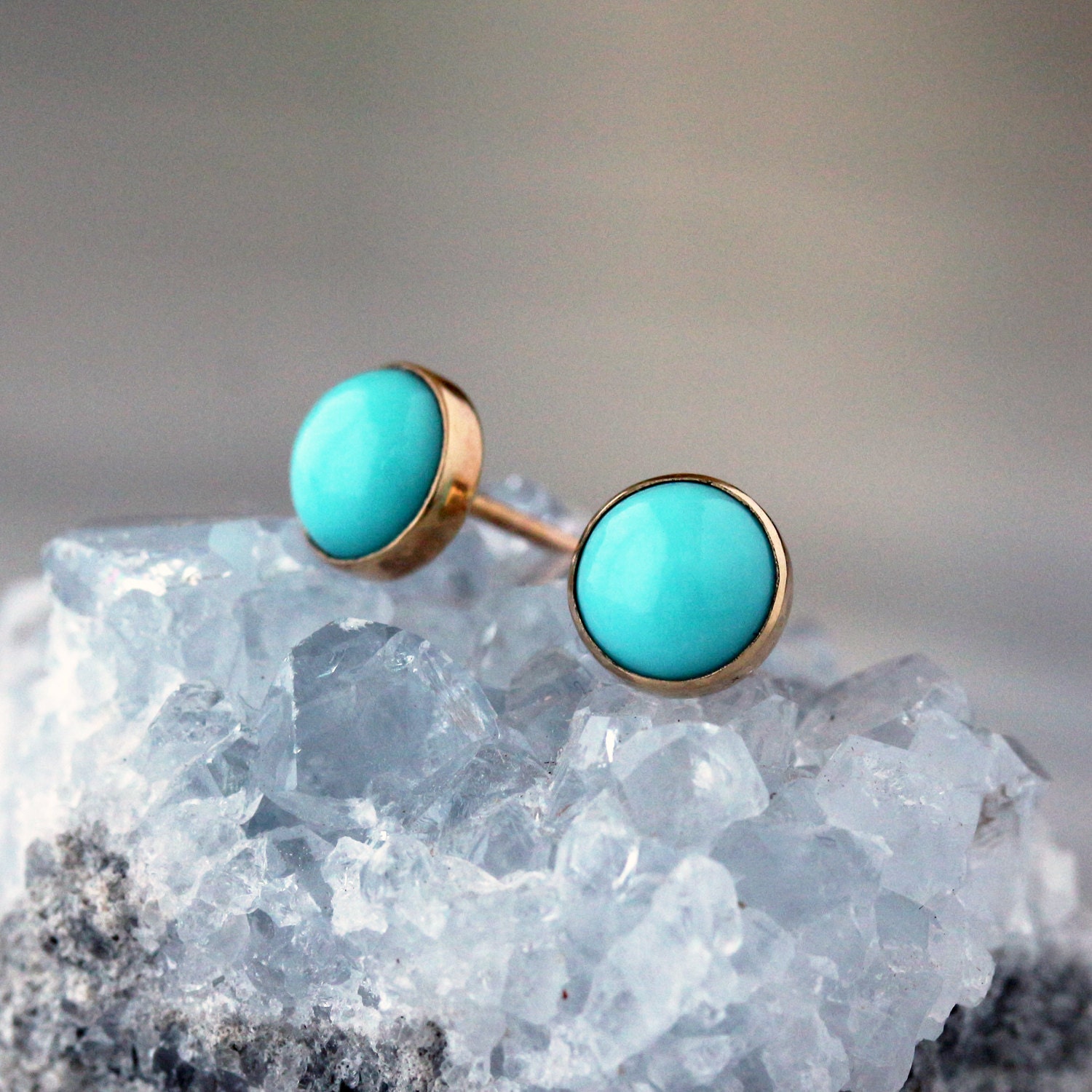 Turquoise and Gold Stud Earrings 14k Yellow Gold Post