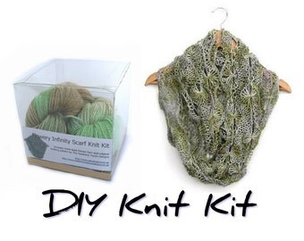 DIY knit kit, flowery infinity scarf knitting kit, easy lacy scarf pattern, choose your luxury Perran Yarn colour, knitters gift, uk seller