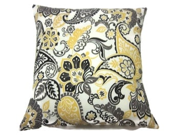 Decorative Pillow Cover Yellow Gold Gray Black Ivory Modern Floral Paisley Design Same Fabric Front and Back Toss Throw Accent 18x18 inch x