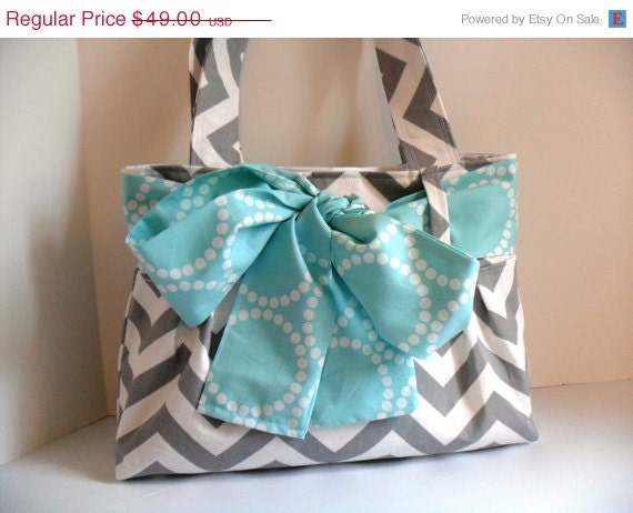 SALE Small Diaper Bag Made of Chevron Fabric and Aqua Bow