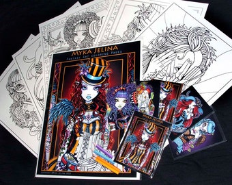 Set 1 - Five Pages - Steampunk - Rockabilly - Myka Jelina Art - Coloring Pages & Trading Card
