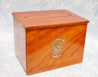 1940s Folk Art Cigarette Dispenser Vintage Koa Wood Box Hawaii Royal Crest Decal