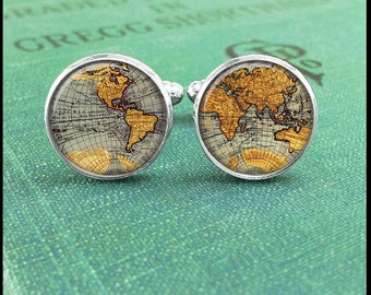 World Map Cufflinks, Map Cuff Links, Cufflinks for Men, World Map Cuff Links, Gift for Him, Men Accessories, Custom Silver or Brass