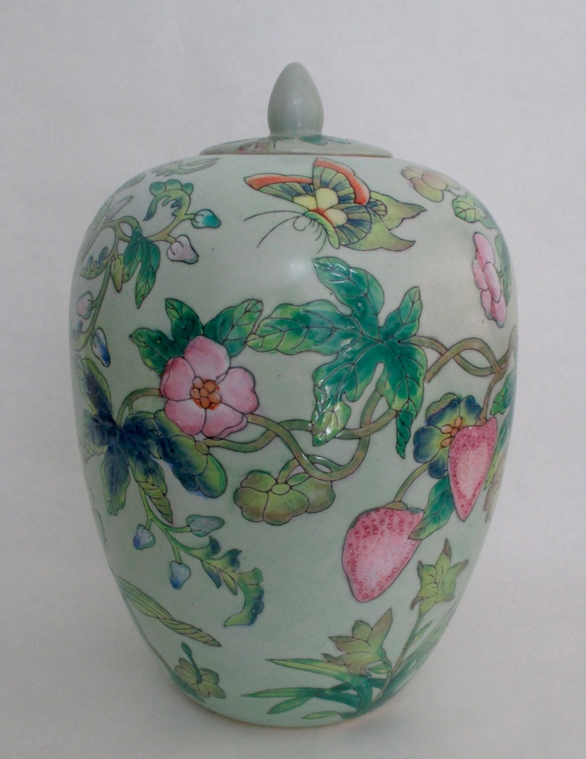 Mint Green Chinoiserie Ginger Jar Large Size Butterflies
