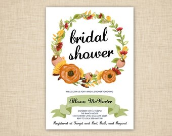 Fall Bridal Shower Invitations - Autumn floral wreath