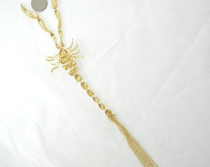 Huge Double Link Gold-tone Segmented Scorpion Tassle Pendant Rhinestones