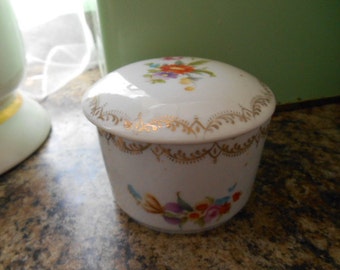 Vintage porcelain Shabby Chic Round Trinket Box white with flowers on it Made in Germany