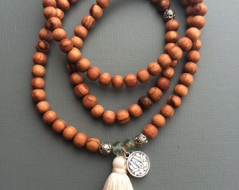 Wood 108 bead mala necklace stretch wrap bracelet with SPRING/SUMMER customizable tassel and charm, boho chic, yoga necklace, yoga jewelry