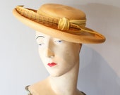 Vintage 1960s Straw Hat With Feather ~ Vintage 60s Big Brim Portrait Hat with Yellow Trim