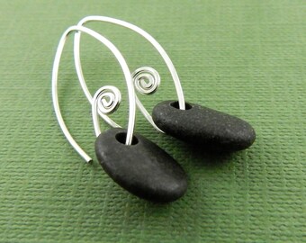 Gifts for her! Beach stone earrings, black stone earrings, handmade sterling silver fiddlehead earwires, ready to ship.