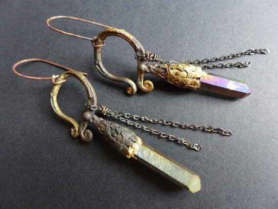 Hierophant. Rustic cosmic earrings with tribal rainbow titanium crystal quartz points.