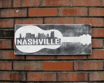 Nashville Guitar sign with skyline, Tennnessee sign, Nashville skyline art, porch sign, custom city skyline sign, Guitar sign