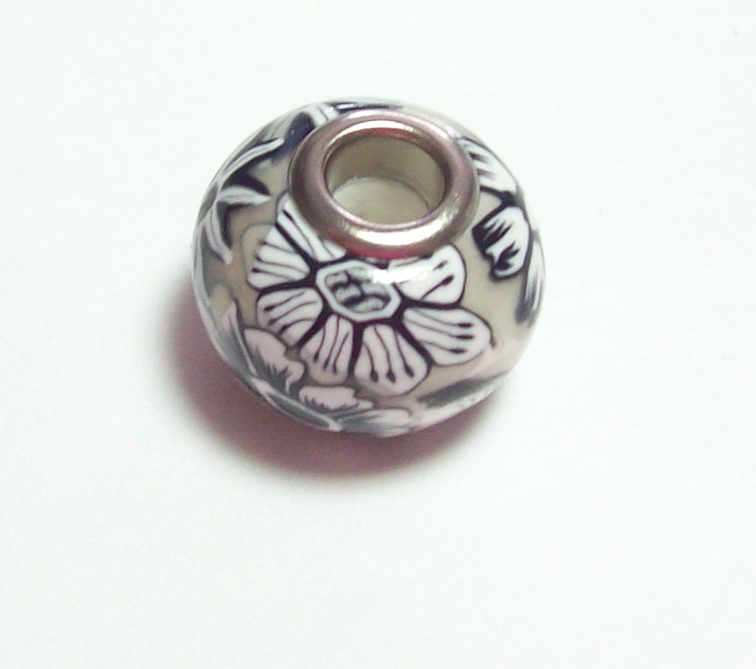 Large Hole Bead Handmade from Polymer Clay Black and White