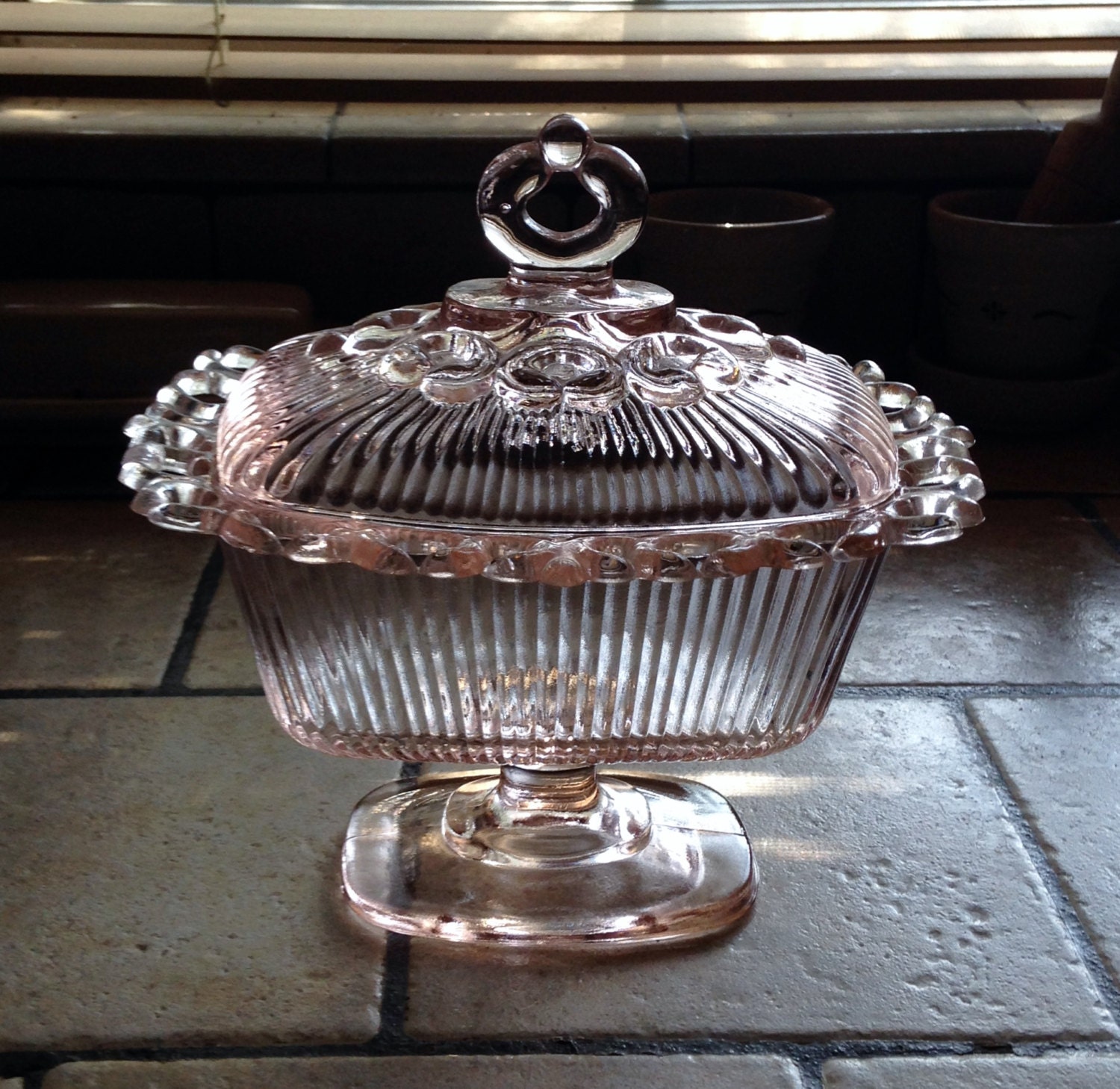 Pink Depression Glass Footed Candy Dish by by fromlosttofound