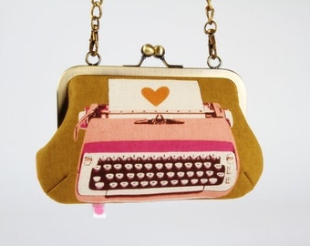 Metal frame handbag with shoulder strap - Retro typewriters on ochre - Party purse / pink peach / Melody Miller / Vintage inspiration / Fall