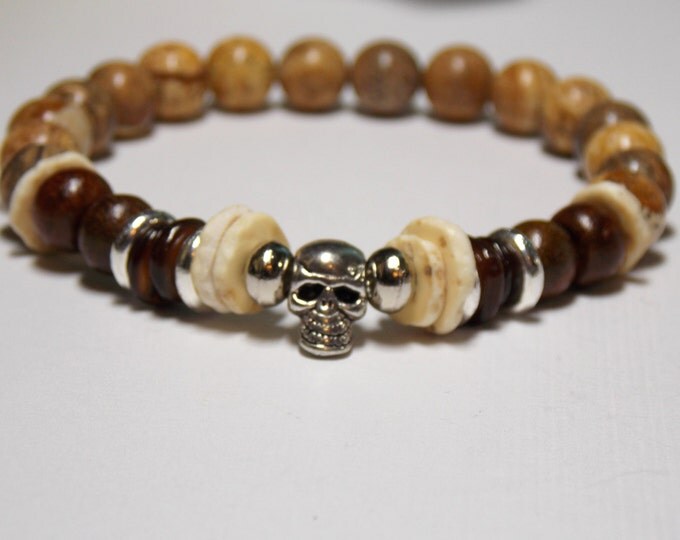 Mens Bracelet, Skull Bracelet, Natural Elements, Jasper, Wood, Bone. Shell Bracelet, Mens Jewelry, Rocker Bracelet, Woodland Bracelet
