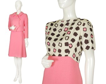vintage 60s Jackie Kennedy pink wool bouclé A-line dress suit, mod graphic silk bodice, asymmetrical jacket, fabulous buttons, size M-L