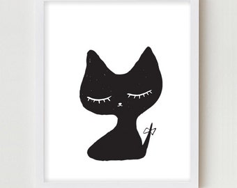 Cat Illustration Digital Art Print Simple Minimalist Black and White Cat Drawing Wall Art Digital Illustration Wall Decor Cat Print Poster