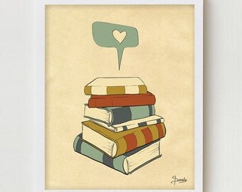 Book Print Art, 11x14 Books Poster Wall Decor, Book Reading Print Art, Reading Books Giclee Print, Reading Books Poster, Books Illustration