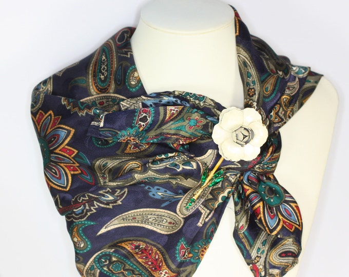 Paisley Scarf Navy Multi Color Square Polyester Vintage