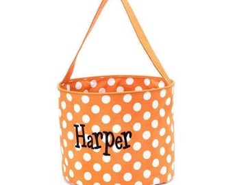 Personalized orange with white polka dots Halloween bucket