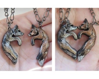 Wolf and Fox Love Necklace His and Hers Heart Kissing Couple