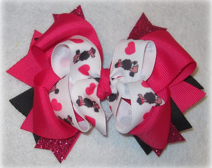 I Heart Poodle Boutique Hair Bow 3 Layers of Ribbon and Spikes Poodles Hairbow Pink Black Chic Paris