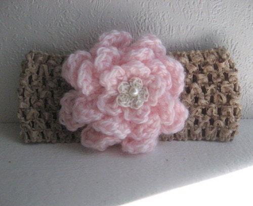 ON SALE Baby Head Band / Crochet Pink Flower / PHOTO Prop /Stretch Hair ...
