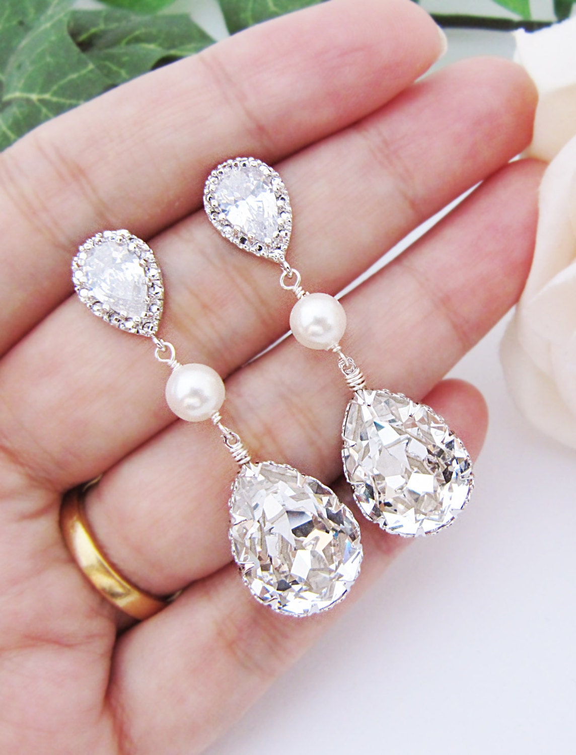 Bridal Earrings Swarovski Crystal with Pearl Drop Earrings