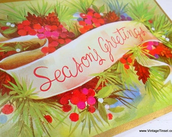 Vintage Christmas Card, Seasons Greetings, Green and Red (750-15)