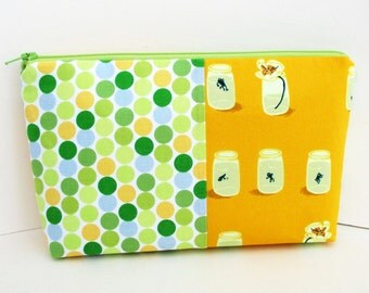 Cosmetic Zipper Pouch, Tadpoles and Frogs Patchwork, Heather Ross Fabric