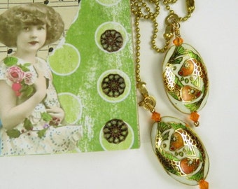 Chain Pull Pair with Cloisonne Bead and Crystal Accent, Koi Fan Pull Pair, Light Chain Pull, Green and Gold