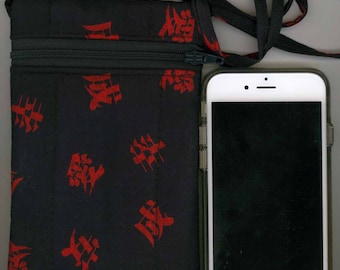 Cell Phone & Passport Bag - Quilted Cotton - Navy Blue and Red Asian, Zippered - Fits iphone