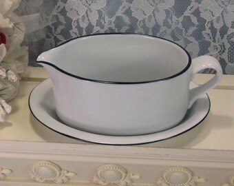 Dansk Danish Modern Christianshavn Blue Gravy or Sauce Server Boat Underplate, Vintage Porcelain Dinnerware, Blue Stripe on White Pattern