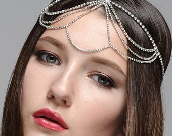 Bridal Wedding Bohemian Rhinestone Headband Head Piece Forehead Headdress Head Chain Headchain