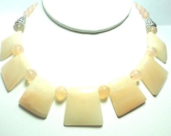 Rose Quartz and Pink Chalcedony 7 Piece Sculptured Gemstone Cleopatra Style Bib Collar Necklace with Sterling