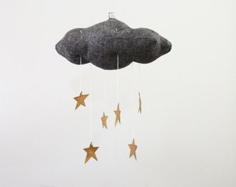 Charoal Black and Gold Star Cloud Mobile - modern fabric sculpture baby nursery decor in linen and metallic faux leather- Free US Shipping