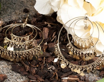 GOLD Hoop Earrings,Large Chandelier Earrings,Belly Dancers Earrings,Gold gypsy Earrings by Taneesi