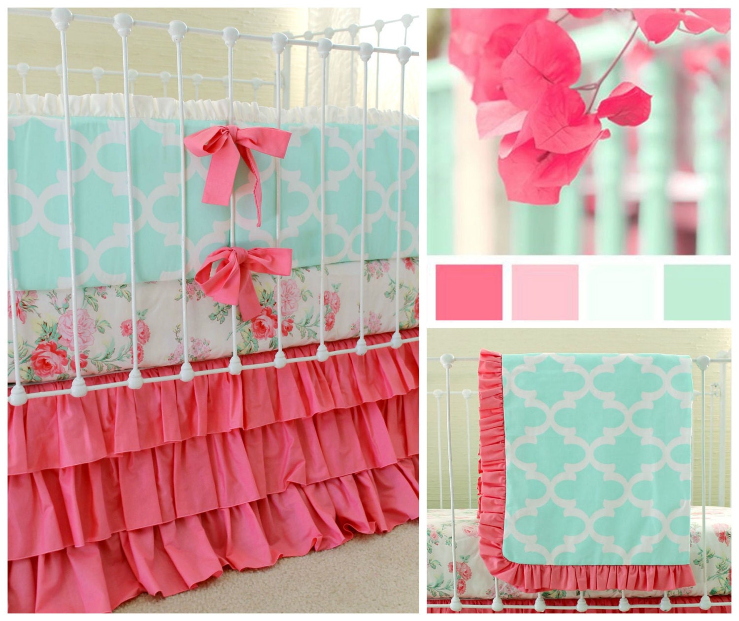 Mint and Pink Baby Bedding Set for Standard Crib featuring