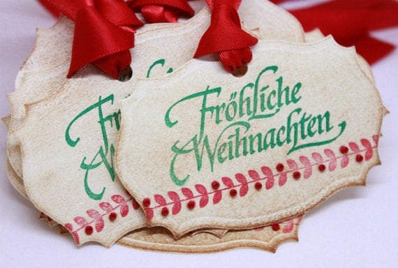 German Christmas Hang Tags (Double Layered) - Fröhliche Weihnachten/Frohe Weinachten Gift Tags - Merry Christmas Vintage Inspired - Set of 8