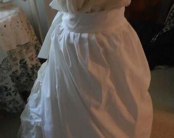 Edwardian -Victorian Era Style White Domestic Cotton Apron Long Half Large Hand-tied Back Bow HandMade